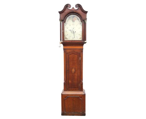 Oak and mahogany long case clock, late 18th/early 19th Century, the hood with swan neck cresting, above brass Corinthian colu