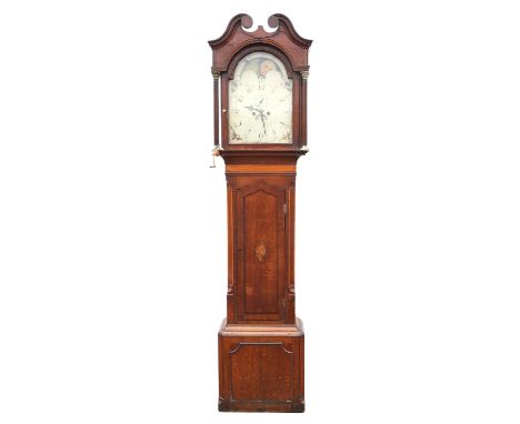 Oak and mahogany long case clock, late 18th/early 19th Century, the hood with swan neck cresting, above brass Corinthian colu