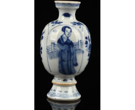 A small blue and white vase decorated with typical Lange Lijzen [Long Elizas], 10.5 cm high, Kangxi [rim chip]. Provenance: T