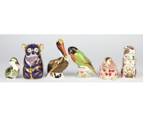 Royal Crown Derby, Pelican "Hadleigh", gold stopper,  Koala bear, gold stopper, Black Faced Lovebird, 474/2500, with certific