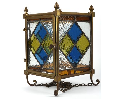 Victorian brass and stained glass lantern, 33.5cm highCondition Report:  The door has a slight bow to it which will need stra