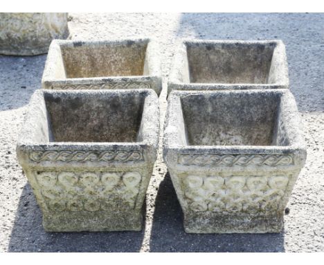 Four square tapering planters, with scrolling edge above Celtic knot type panels, 26cm high x 31cm square (4) 