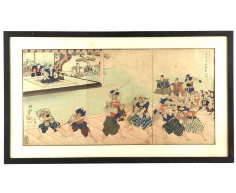 Toyohara Chikanobu [1838-1912] an oban triptych of Bujutsu Joran from the Chiyoda no on omote series; framed and glazed [1 it
