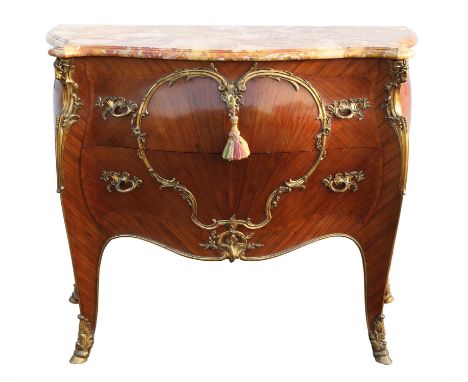 A Louis XV style kingwood commode, late 19th century, with mottled red and white marble top, of bombe form, the two drawers w