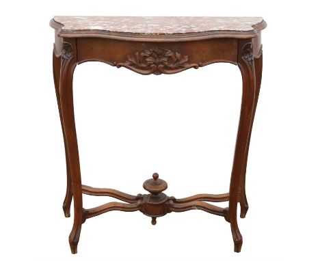 A French Louis XV style walnut console table, the mottled rouge marble inset top above a drawer, on cabriole legs, H 92cm, W 
