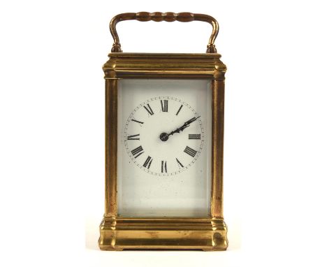 Late 19th / early 20th century brass and glass carriage clock striking on a coiled gong, the movement by GS & Co. H 17cm Cond