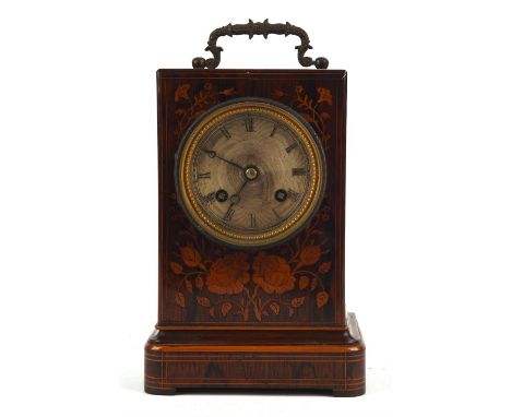 French rosewood mantel clock, early 19th Century, the case with floral inlay, with machine engraved dial, Roman numeral chapt