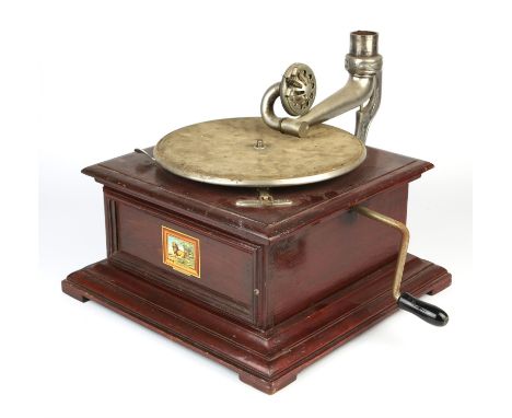 Leophone record player, with a brass horn and a collection of gramophone records