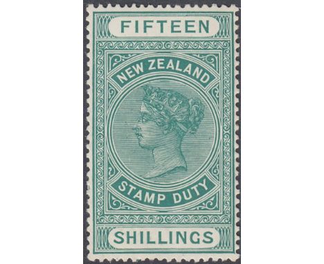 STAMPS NEW ZEALAND - 1882 perf 14 1/2 x 14 comb W43 Cowan paper Postal Fiscal 15/- green mounted mint, some gum disturbance, 