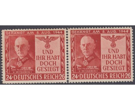 STAMPS GERMANY - 1944 propaganda issue depicting General von Witzleben in U/M pair. One stamp has gum staining, the other fin