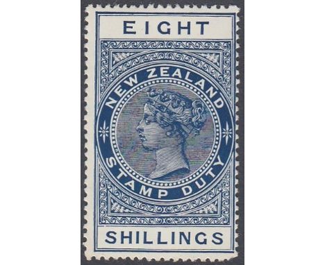 STAMPS NEW ZEALAND - 1882 perf 14 1/2 x 14 comb W43 Cowan paper Postal Fiscal 8/- deep blue mounted mint SG F138 Cat £550