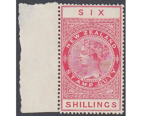 STAMPS NEW ZEALAND - 1882 perf 14 1/2 x 14 comb W43 Cowan paper Postal Fiscal 6/- rose, left hand marginal unmounted mint SG 