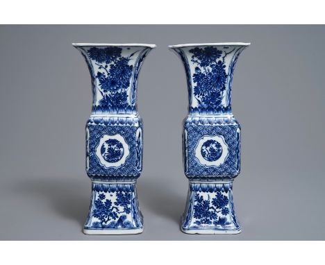 A pair of Chinese blue and white gu beaker vases, Kangxi     H.: 32 cm         Condition reports and high resolution pictures