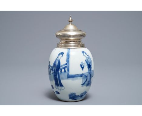 A Chinese blue and white silver-mounted tea caddy, Kangxi     H.: 18 cm         Condition reports and high resolution picture