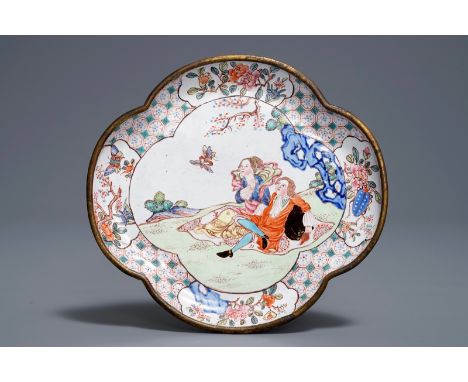 A Chinese Canton enamel quatrefoil 'Europeans' dish, Qianlong     Dim.: 12 x 11 cm         Condition reports and high resolut