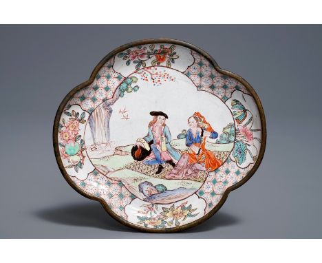 A Chinese Canton enamel quatrefoil 'Europeans' dish, Qianlong     Dim.: 12 x 11 cm         Condition reports and high resolut