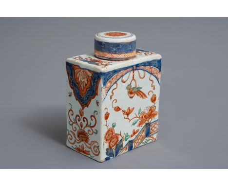 A polychrome Dutch Delft petit feu and doré tea caddy, 18th C.     Dim.: 10,5 x 7,5 x 5 cm         Condition reports and high