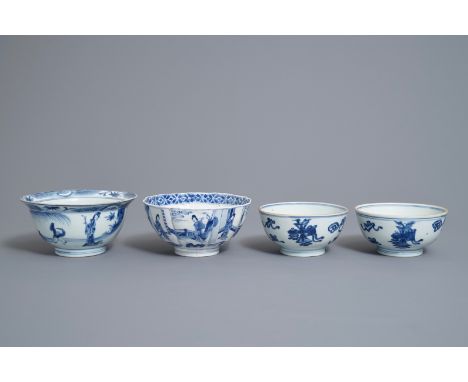 Four Chinese blue and white bowls, Kangxi     H.: 8 cm - Dia.: 16,5 cm (the largest bowl)         Condition reports and high 