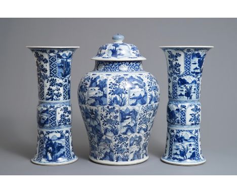 A large Chinese blue and white three-piece garniture with landscape and floral panels, Kangxi     H.: 57 cm         Condition