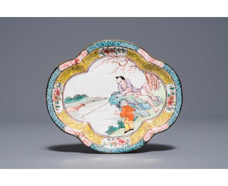 A Chinese quatrefoil Canton enamel spoon tray with fishermen, Qianlong     Dim.: 13 x 11 cm         Condition reports and hig