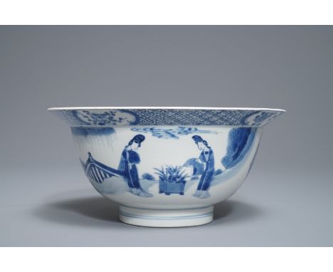A Chinese blue and white klapmuts bowl with figural design, Jiajing mark, Kangxi     Dia.: 21 cm - H.: 9,5 cm         Conditi