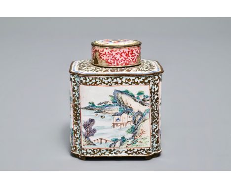A Chinese Canton enamel tea caddy and cover, Qianlong     H.: 10 cm         Condition reports and high resolution pictures ar