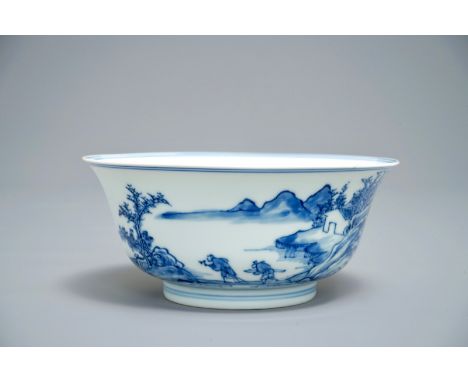 A Chinese blue and white bowl with a fine landscape, Yongzheng mark and of the period     H.: 6,5 cm - Dia.: 14,5 cm  Conditi