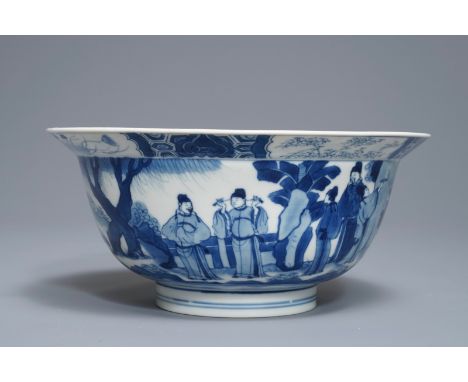 A Chinese blue and white klapmuts bowl with figures in a landscape, Chenghua mark, Kangxi     Dia.: 20,5 cm - H.: 9 cm       