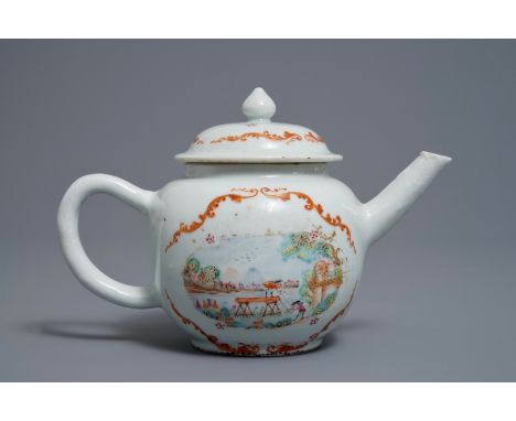 A Chinese famille rose teapot with European lumberjacks, Qianlong     L.: 19,5 cm - H.: 13 cm         Condition reports and h