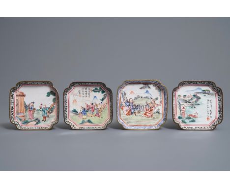 Four Chinese Canton enamel square saucers, Qianlong     Dim.: 9,5 x 9,5 cm         Condition reports and high resolution pict