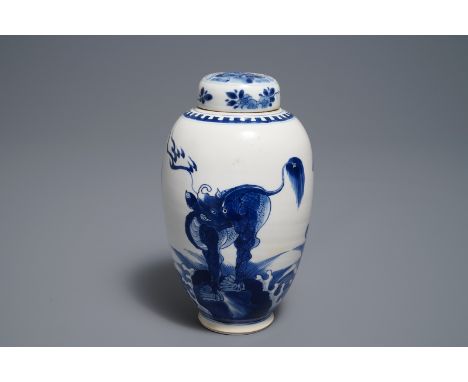 A Chinese blue and white 'mythical beasts' vase and cover, Kangxi     H.: 20 cm         Condition reports and high resolution