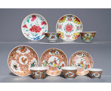Five Chinese famille rose cups and saucers, Yongzheng/Qianlong     Dia.: 11 cm (the largest saucer)Dia.: 6,5 cm - H.: 3,5 cm 