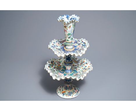 An exceptional three-piece Chinese famille rose epergne milieu-de-table, 19th C.     H.: 53 cm         Condition reports and 