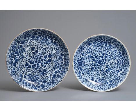 Two Chinese blue and white 'peony' chargers, Kangxi     Dia.: 39 cm (the largest)         Condition reports and high resoluti