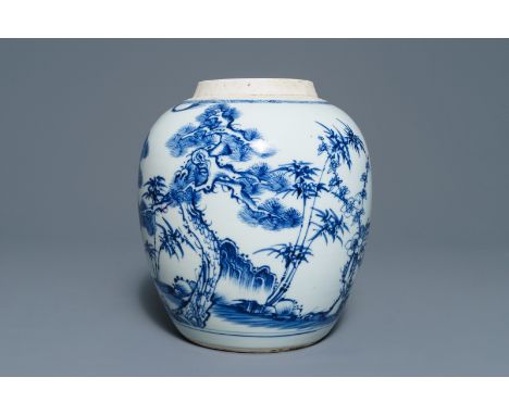 A Chinese blue and white 'Three friends of winter' jar, Kangxi     H.: 22 cm         Condition reports and high resolution pi