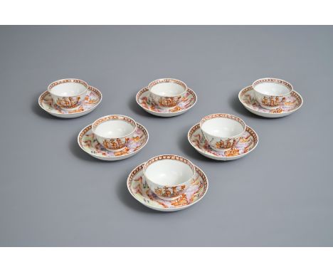 Six Chinese famille rose cups and saucers with European ships, Qianlong     Dia.: 12 cm (the saucer)         Condition report