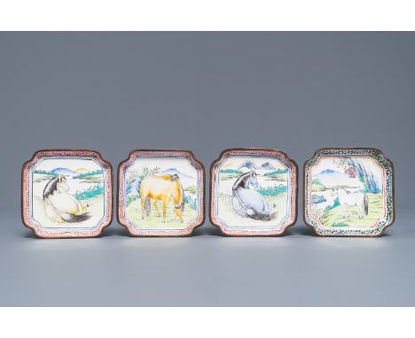 Four Chinese Canton enamel square saucers with horses, 18/19th C.     L.: 9,5 cm         Condition reports and high resolutio