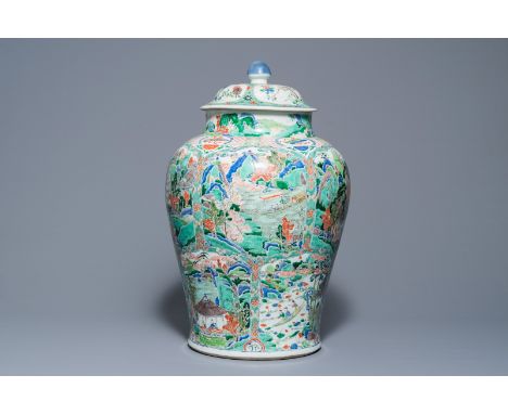 A large Chinese famille verte vase and cover with figures in fluvial landscapes, Kangxi     H.: 64 cm  See also:- A similar v