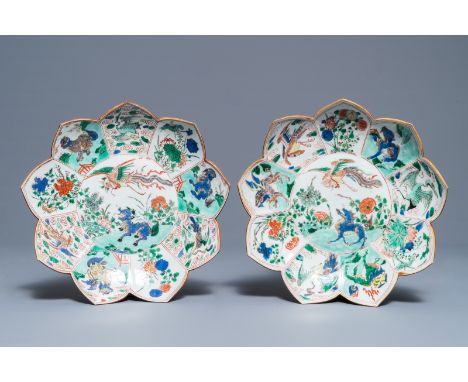 A pair of Chinese famille verte lotus-shaped plates, Kangxi     Dia.: 23 cm         Condition reports and high resolution pic