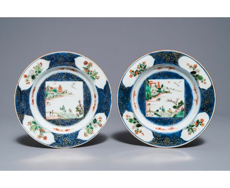 A pair of Chinese famille verte and powder blue plates, Kangxi     Dia.: 22 cm         Condition reports and high resolution 