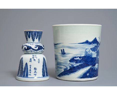 A Chinese blue and white jardinière and an inscribed candlestick, 18/19th C.     H.: 22 cm - Dia.: 20,5 cm (the jardinière)  