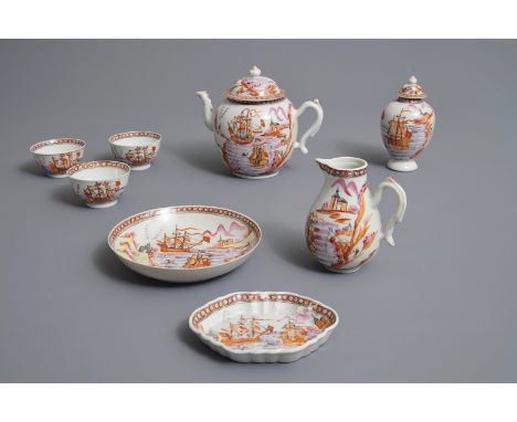 A Chinese famille rose 8-piece tea service with European ships, Qianlong     Dia.: 16 cm (the saucer dish)L.: 18,5 cm - H.: 1