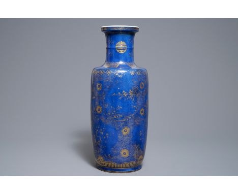 A Chinese powder blue and gilt rouleau vase, Kangxi     H.: 47 cm         Condition reports and high resolution pictures are 