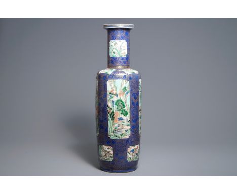 A massive Chinese famille verte on powder blue ground rouleau vase, Kangxi     H.: 76 cm  Provenance: A Dutch collection.    