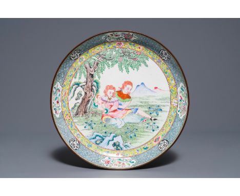 A fine Chinese Canton enamel 'Europeans' dish, Qianlong     Dia.: 26,5 cm  Provenance: - With a label for Nicolier, Paris, Fr