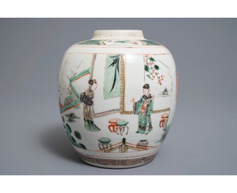 A Chinese famille verte 'Romance of the Western chamber' jar, Kangxi     H.: 18 cm         Condition reports and high resolut