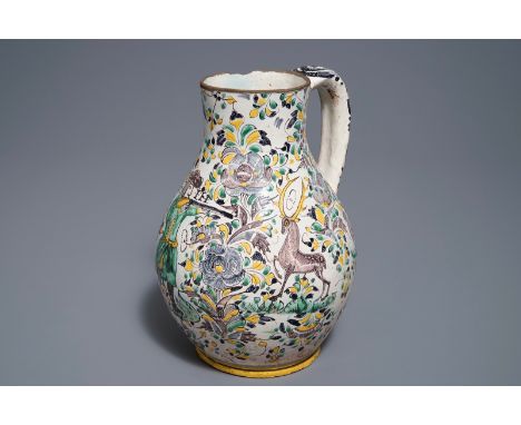 A Habaner pottery jug with a hunting scene, monogram IL, Slovakia, 18th C.     H.: 25,5 cm - L .: 20 cm         Condition rep