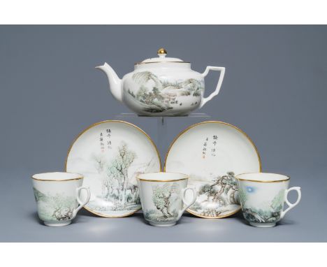 A Chinese qianjiang cai teapot, three cups and two saucers, Republic, 1st half 20th C.     Dia.: 14,5 cm (the saucers) H.: 7 