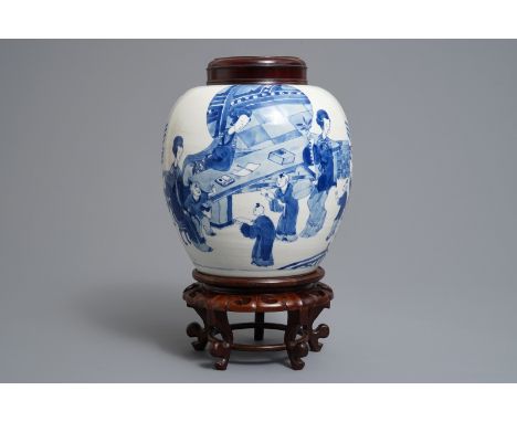 A Chinese blue and white 'long Eliza and playing boys' jar, Kangxi     H.: 36 cm (incl. stand and cover)H.: 25,5 cm (the jar)