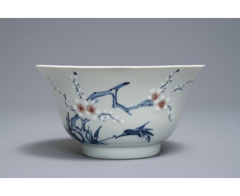 A Chinese blue, white and red on celadon ground 'prunus' bowl, Kangxi     Dia.: 15 cm - H.: 7,5 cm         Condition reports 